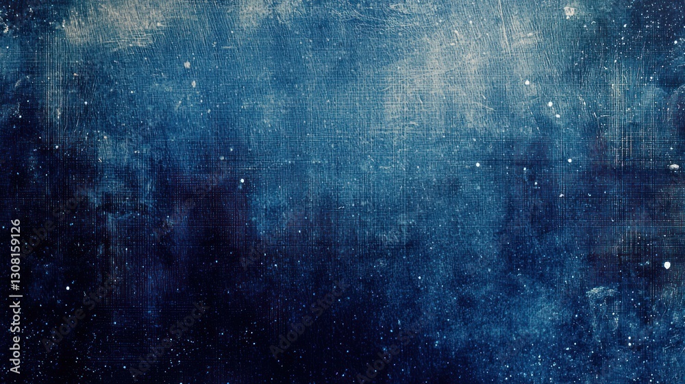 Poster a navy blue background with faint star-like dots, creating a celestial feel.