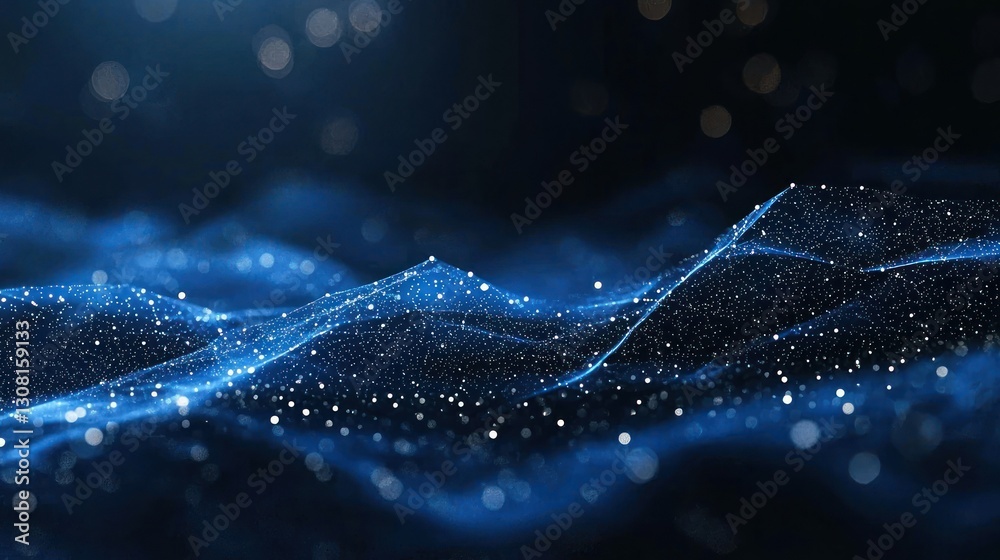 Poster a navy blue background with faint star-like dots, creating a celestial feel.
