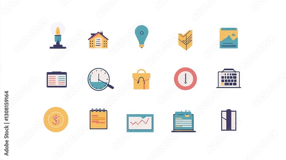 Poster A neatly arranged collection of flat-style business icons on a white background, each representing a key aspect like finance, teamwork, and growth.