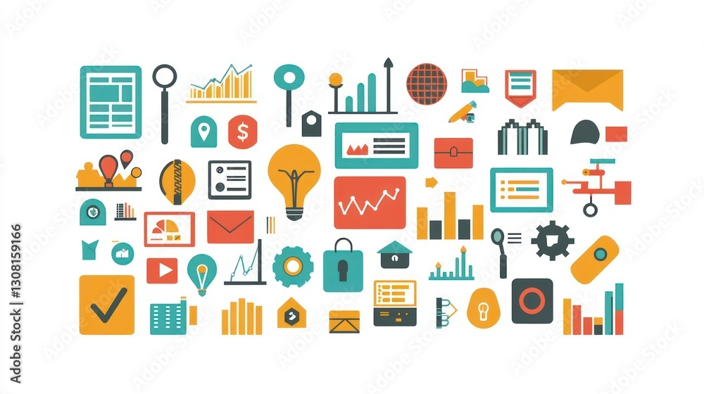 Poster A neatly arranged collection of flat-style business icons on a white background, each representing a key aspect like finance, teamwork, and growth.