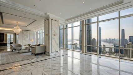 High-end interior with marble floors and silver accents in a luxurious penthouse, elegance, opulence, sophistication, marble, penthouse