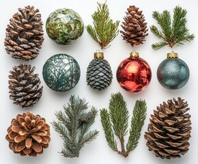 Various Christmas themed decorations including pine cones and ornaments