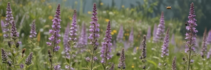 Obraz premium Hoary vervain flowers in full bloom with bees flying around them, wildflower, bees, blooms