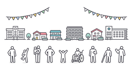 Simple icon illustration of city and people