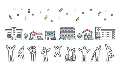 Simple icon illustration of city and people