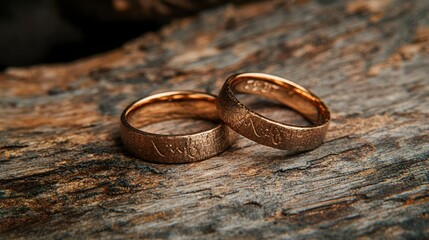A pair of wedding rings placed on a wooden surface with engraved initials visible.