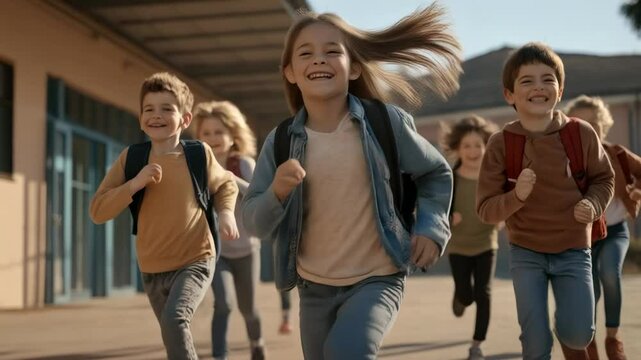 Children enjoying a sunny day running joyfully outside a school with backpacks