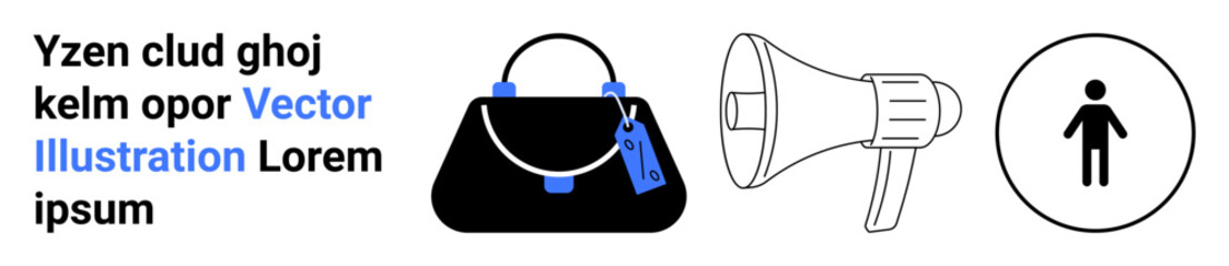 Handbag with tagged accents, loudspeaker, and human silhouette in circle. Ideal for fashion, promotion, awareness, communication, shopping, marketing concepts flat landing page banner