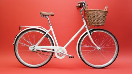 White bicycle with wicker basket against a coral background.