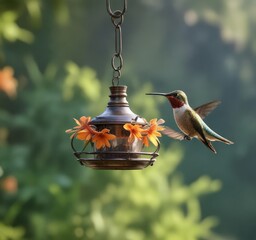 Hummingbird perched on a metal rod attached to a hummingbird feeder in the morning light, morning light, garden feature, metal rod