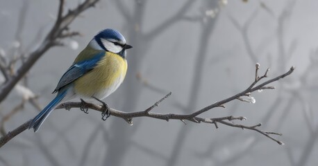 Icy bare branches stretched towards the grey sky, a lone blue tit perched quietly in stillness, peaceful scene, bird on branch, serene