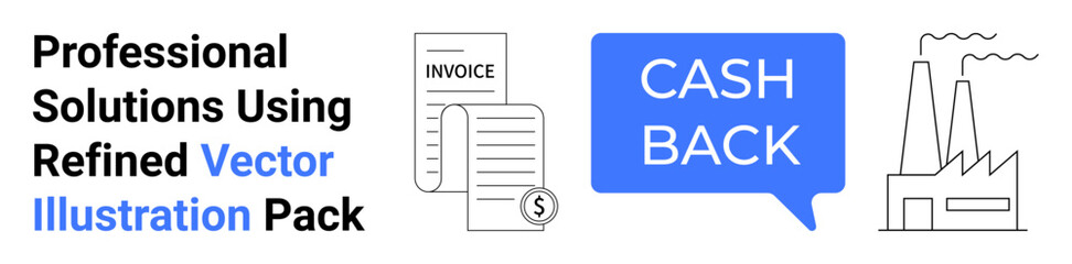 Invoice papers with dollar sign, cashback speech bubble, and factory outline. Ideal for finance, transactions, business savings, economic solutions, corporate services, marketing flat landing page