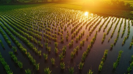 Sunrise Over Lush Green Rice Fields with Reflection and Water