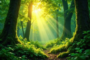 Naklejka premium Sunbeams Illuminate a Mystical Forest Path, Where Lush Greenery and Moss-Covered Trees Create an Enchanting Scene of Natural Beauty