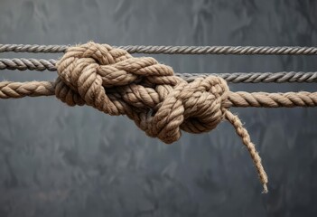 Fototapeta premium Image of a broken rope with frayed ends tangled around a metal rod, worn leather straps, broken rope, old machinery
