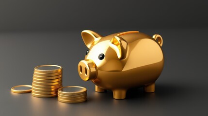 Golden Piggy Bank Surrounded by Stacked Coins on Dark Background