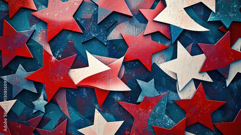 Poster a patterned red, white, and blue background featuring stars and abstract shapes.