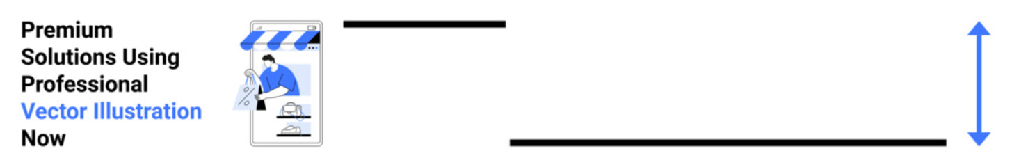 Digital storefront with blue-striped awning, professional character, and checklist. Ideal for e-commerce, solutions, marketing, startups, management, analytics flat landing page banner