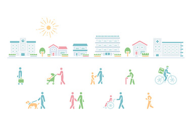 City facilities, buildings and people walking