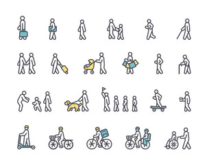 Icon illustration of various people moving