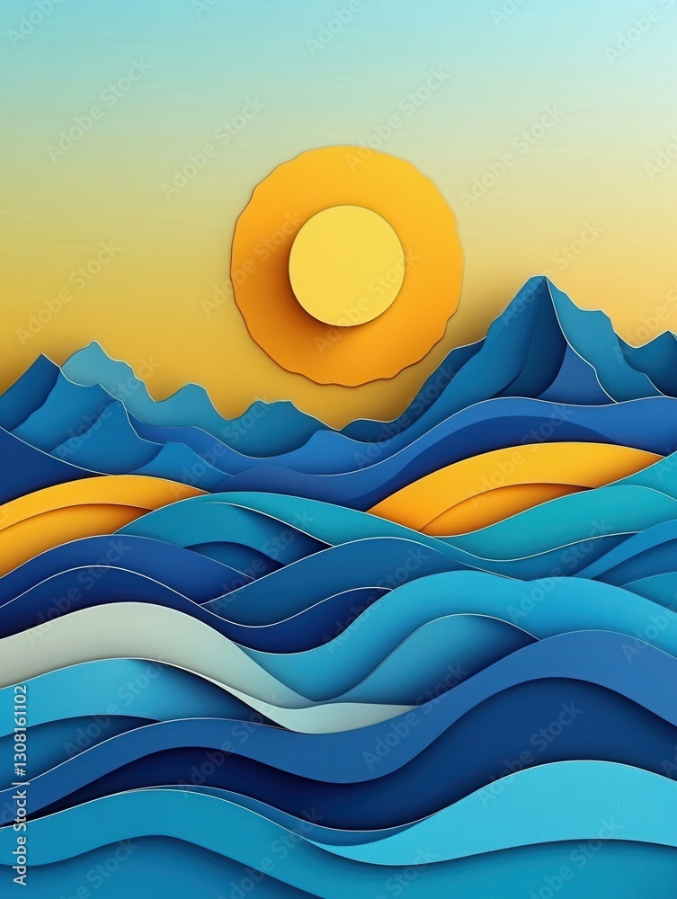 Aufkleber vibrant paper art landscape featuring layered mountains, rolling waves, and a warm sun with dynamic 