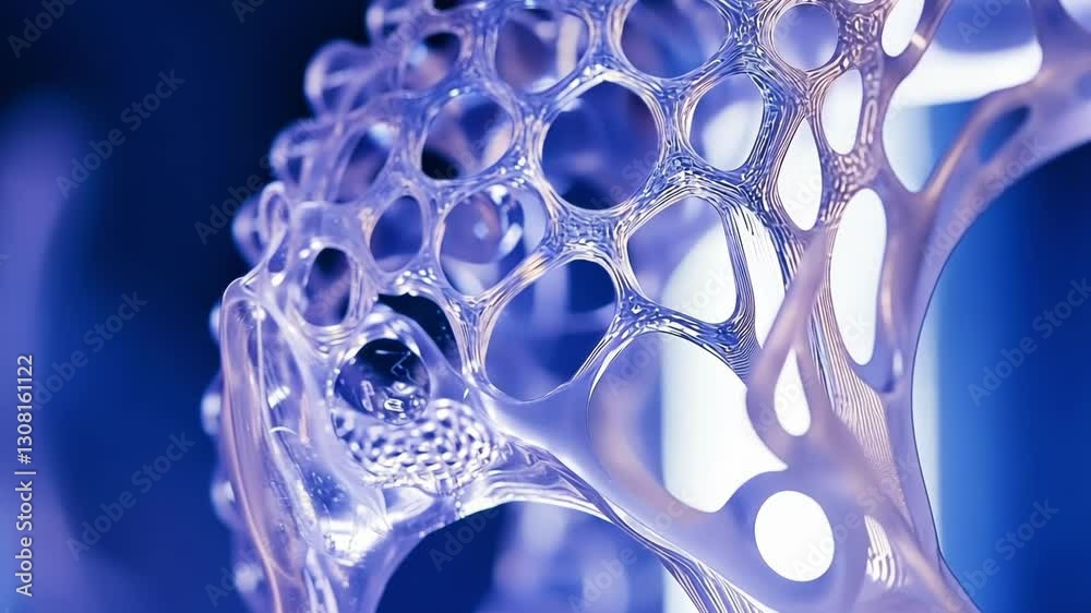 Poster close up of a complex translucent polymer structure with hexagonal patterns, showcasing intricate de