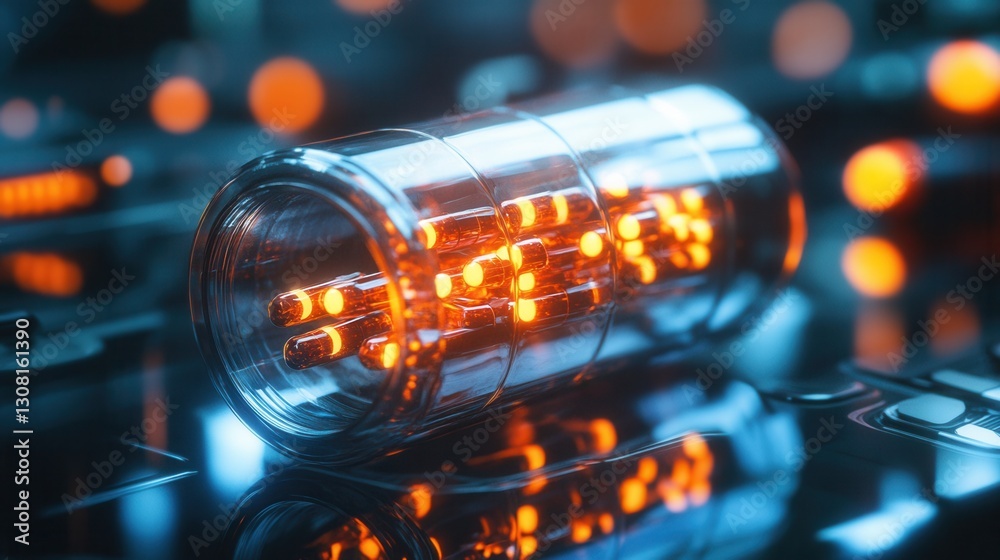 Fototapete futuristic transparent pill bottle showcasing glowing capsules in a cyberpunk environment with a hig