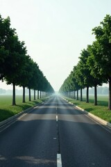 Obraz premium Serene Asphalted Roadway Lined with Lush Green Trees on a Misty Morning