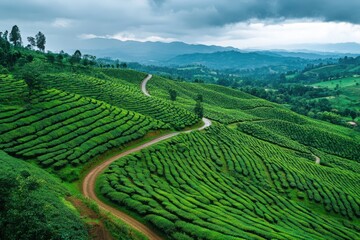 Serene Landscape of Lush Green Tea Plantations and Rolling Hills