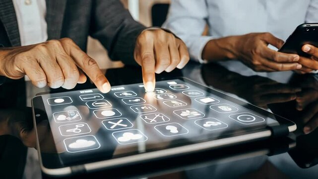 Hands hovering over a hologram of a diversified portfolio as a user examines risk levels with interactive icons glowing softly in response to their movements.