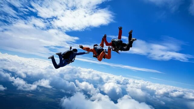 Skydivers perform thrilling jumps over a cloud-covered landscape during a bright day