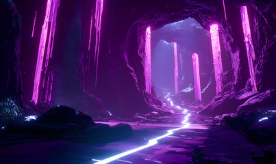 Obraz premium Purple cave glowing path, dark interior