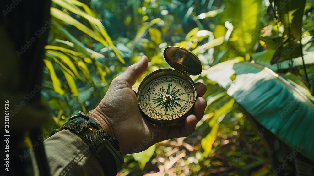 Poster a person consulting a hiking compass while walking through a dense jungle.