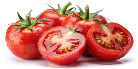 Fototapeta premium Sliced Tomato, Isolated Red Tomato Slices, Perfect Food Photography, Juicy Tomato Pieces, Fresh Produce Images, High-Resolution Tomato Pictures