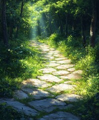 Obraz premium serene sunlit forest path surrounded by lush greenery and vibrant foliage invites exploration and tranquility