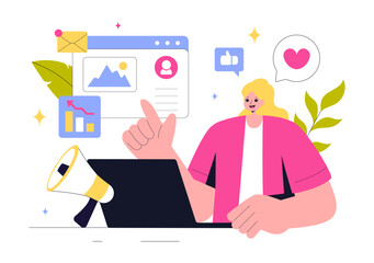 Digital Online Marketing Vector Illustration Featuring Business Analysis, Content Strategy, Ad Targeting, and Management in a Flat Cartoon Background