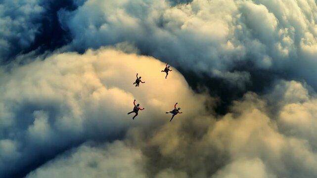 Skydivers leap through fluffy clouds at sunset, capturing the thrill of freefalling amidst stunning sky views