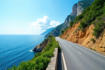 Obraz premium Scenic Coastal Highway Winding Along Dramatic Cliffs Under a Bright Sunny Sky