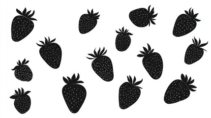 Silhouetted strawberries scattered on a plain backdrop; simple graphic illustration of garden fruit