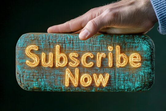 Hand Holding Rustic Subscribe Now Sign with Bright Neon-Like Letters on Dark Background - Powered by Adobe