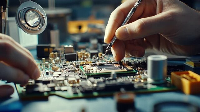 Close up of hands skillfully working on a circuit board, highlighting the intricate process of microelectronics assembly. Tools and components are arranged under a focused light