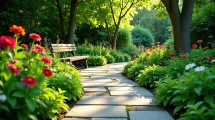 Obraz premium Serene Garden Path with Wooden Bench and Vibrant Blossoms
