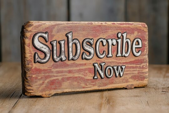 Rustic Wooden Sign with Engraved Subscribe Now Text for Digital Content Promotion - Powered by Adobe