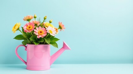 A delightful bouquet of vibrant pink and yellow daisies arranged in a charming pink watering can against a serene light blue backdrop