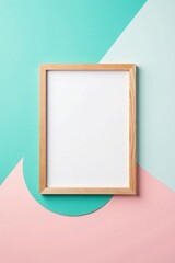 A simple wooden frame rests on a pastel background, showcasing a blank canvas for design inspiration