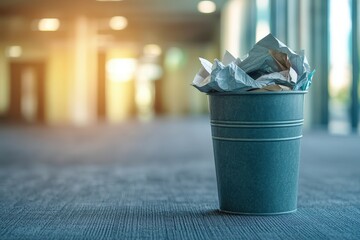 Trash bin filled with crumpled paper in modern office environment