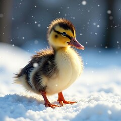 Adorable duckling in winter coat, snowy scene , white, pet