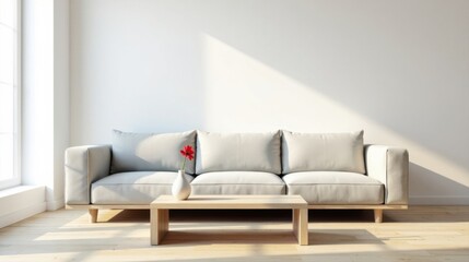 Serene Minimalist Living Room Interior Design with Light Wood Coffee Table and Neutral Upholstered Sofa Featuring a Single Red Flower