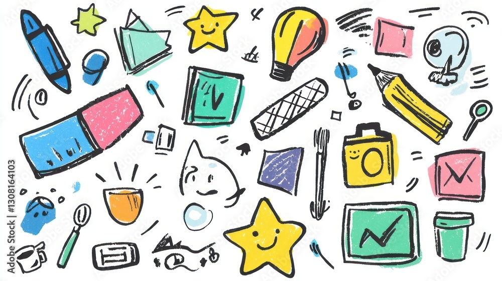 Poster a playful set of hand-drawn icons in colorful marker styles, perfect for casual projects.