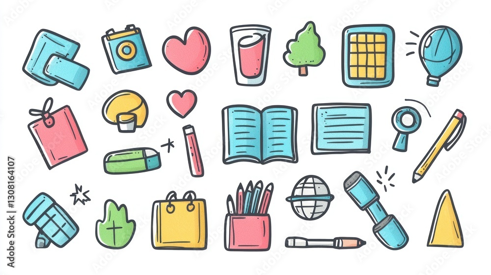 Poster a playful set of hand-drawn icons in colorful marker styles, perfect for casual projects.